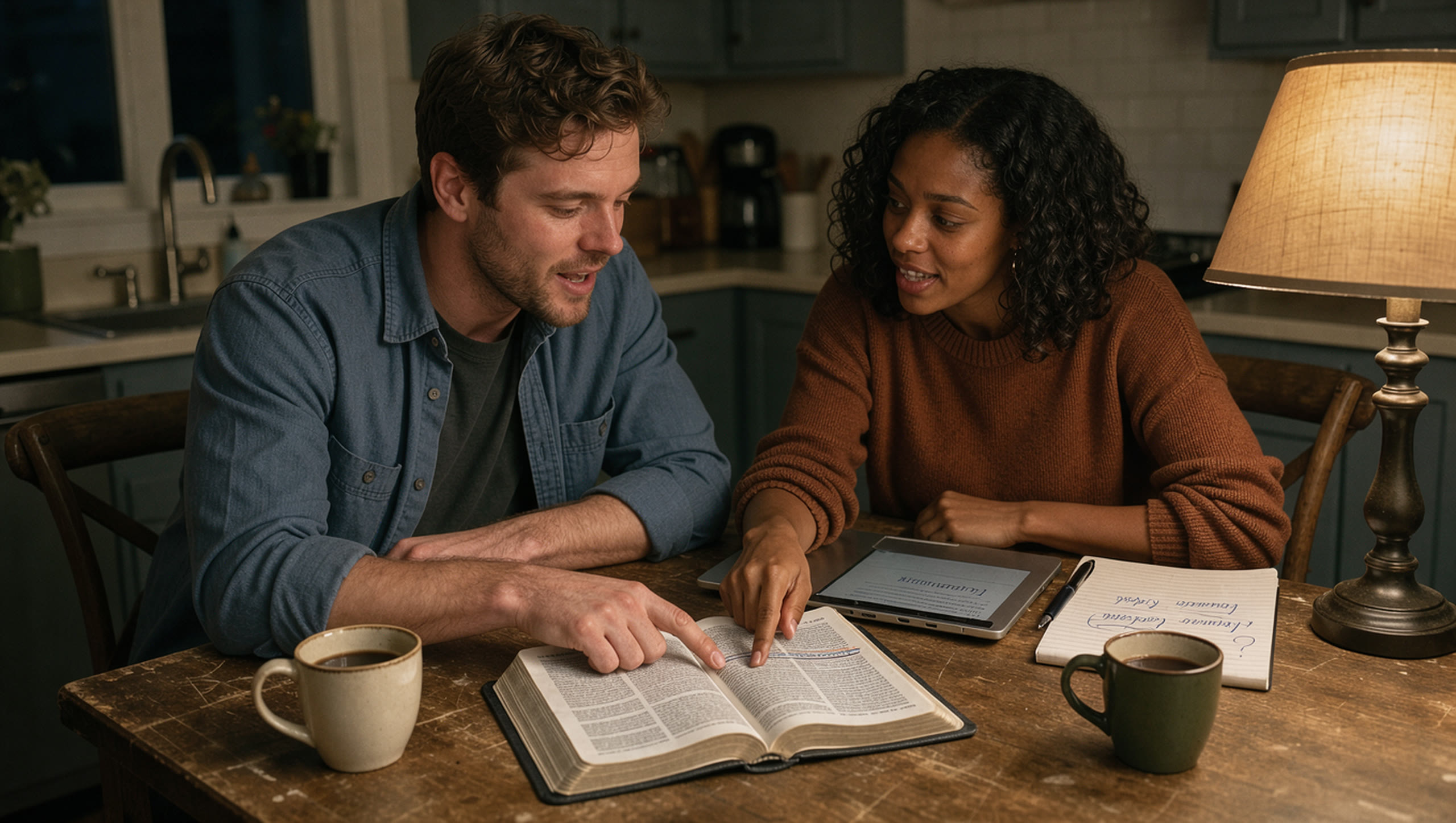 Two friends studying an open Bible at a kitchen table late at night