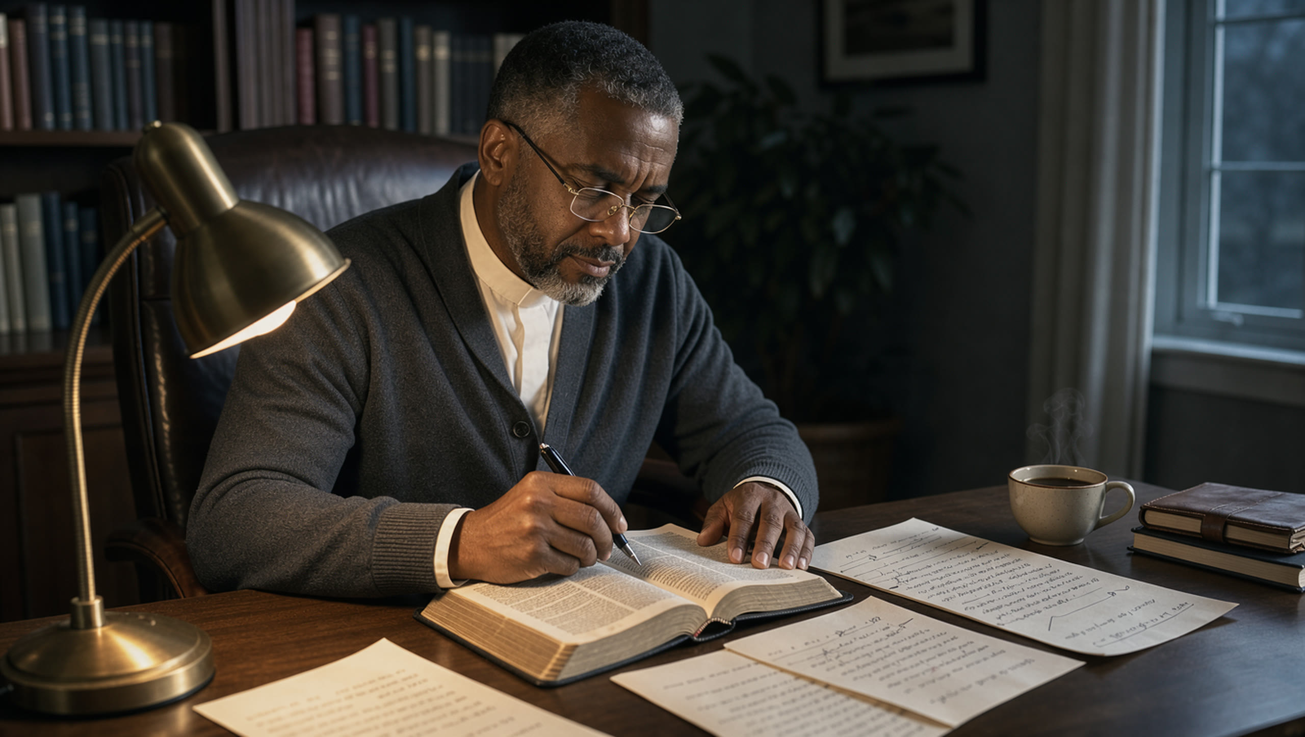 A pastor alone at his desk before dawn, preparing a message